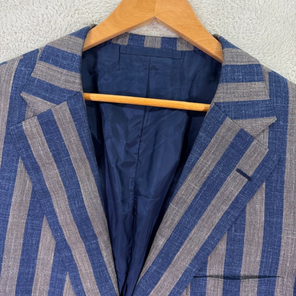 Leonard Logsdail Bespoke Mens 42S Striped Linen Blue Grey Custom Fit Sport Coat - Picture 2 of 13